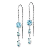 Pair of silver threader earrings with blue topaz gemstones in round and teardrop shapes suspended from delicate chain.