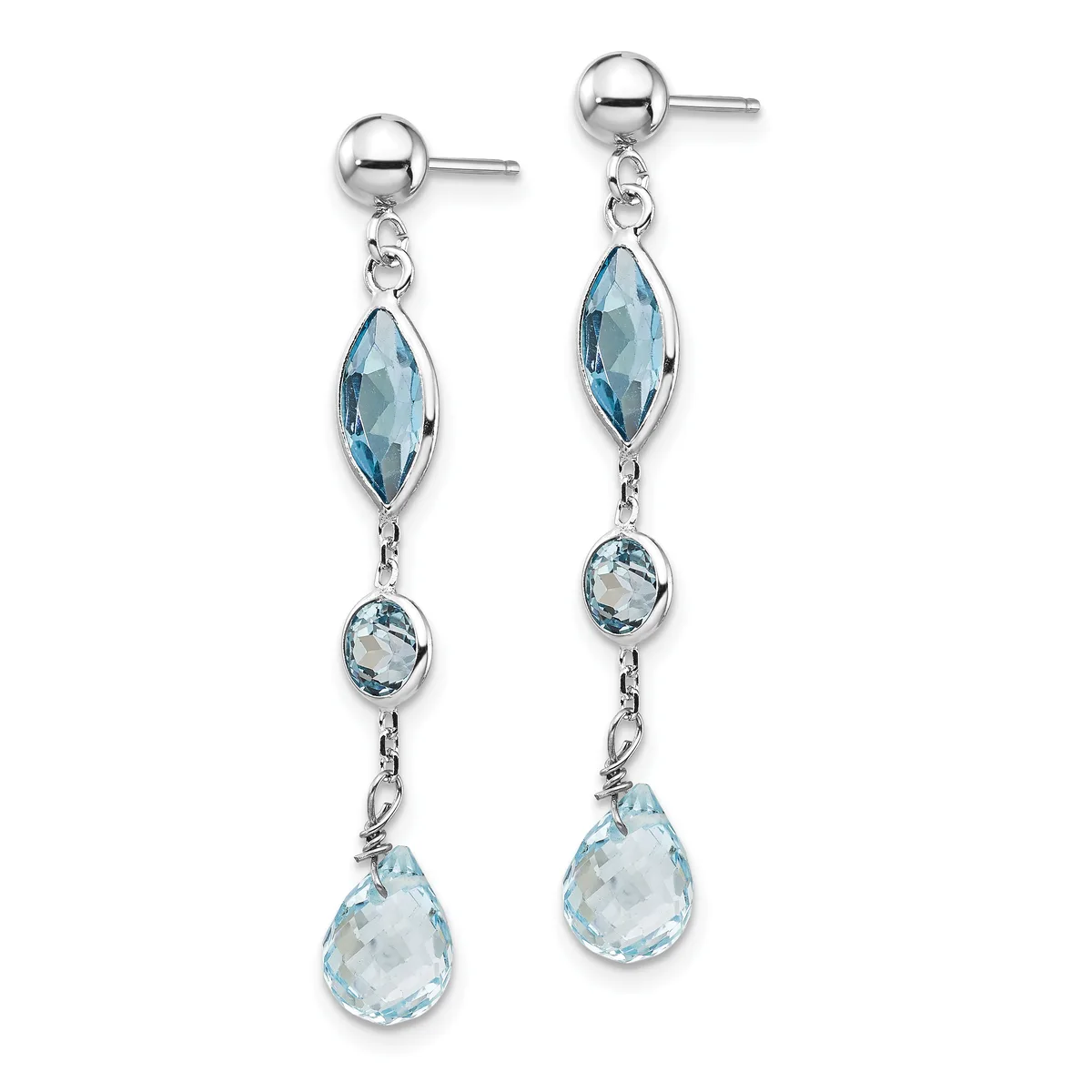 Pair of silver dangle earrings with blue topaz gemstones in marquise and teardrop shapes, hanging from ball studs.