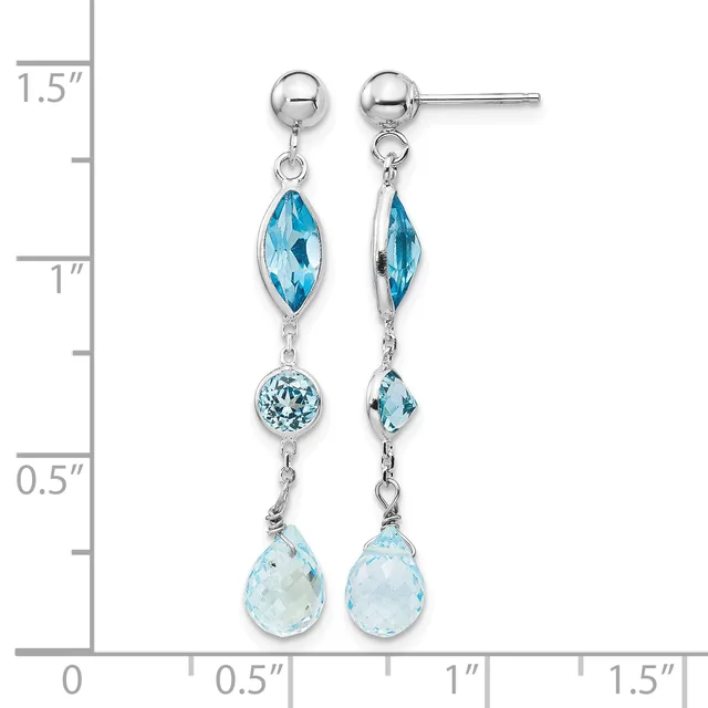 Silver ball stud earrings with dangling blue topaz gemstones in marquise and round shapes, displayed next to a measurement ruler showing approximately 1.5 inches in length.