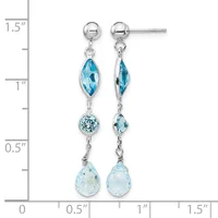 Silver ball stud earrings with dangling blue topaz gemstones in marquise and round shapes, displayed next to a measurement ruler showing approximately 1.5 inches in length.