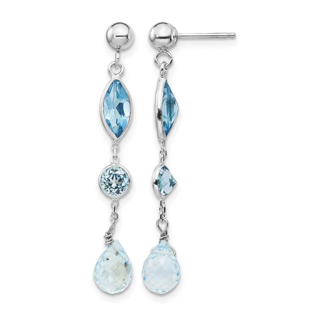 A pair of silver drop earrings with ball studs, each featuring three graduated blue gemstones in marquise and teardrop shapes connected by chain links.