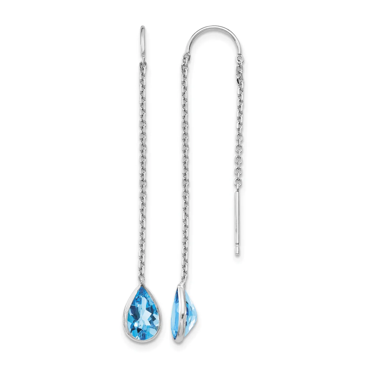 Pair of silver threader earrings with delicate chain strands and teardrop-shaped blue topaz stones suspended from curved posts.