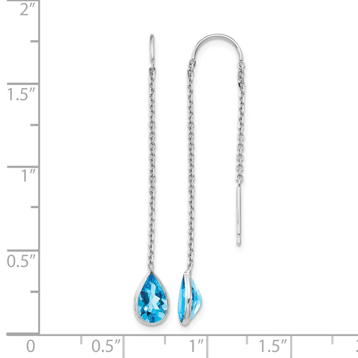 Pair of silver threader earrings with blue teardrop gemstones, displayed against a measurement scale showing approximately two inches in length.
