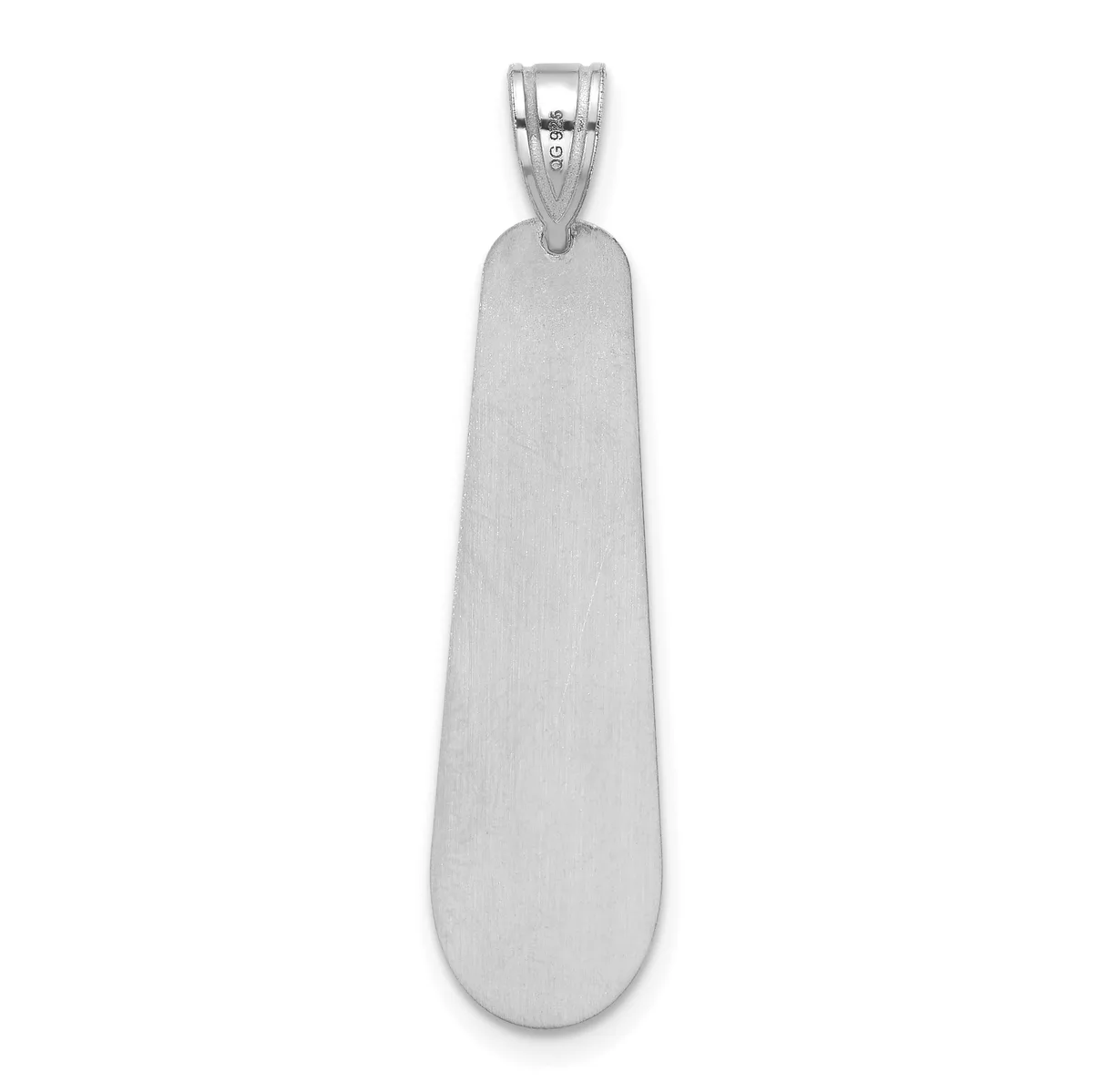 A long, tapered silver pendant with a brushed finish and a looped bail at the top.