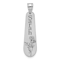 Silver pendant with a bail loop at top, featuring the name "Sarah" engraved vertically and a floral design with carnation flowers and leaves below.