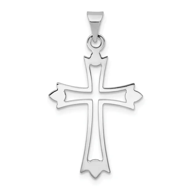 Silver cross pendant with ornate flared ends and a small stamped hallmark, suspended from a bail, shown against a white background.