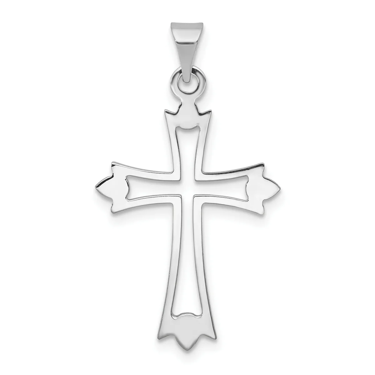 Silver cross pendant with ornate flared ends and a small stamped hallmark, suspended from a bail, shown against a white background.