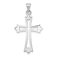 Silver cross pendant with ornate flared ends and a small stamped hallmark, suspended from a bail, shown against a white background.