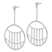 Pair of silver dangle earrings with oval frames containing vertical chain strands suspended from small ball studs.