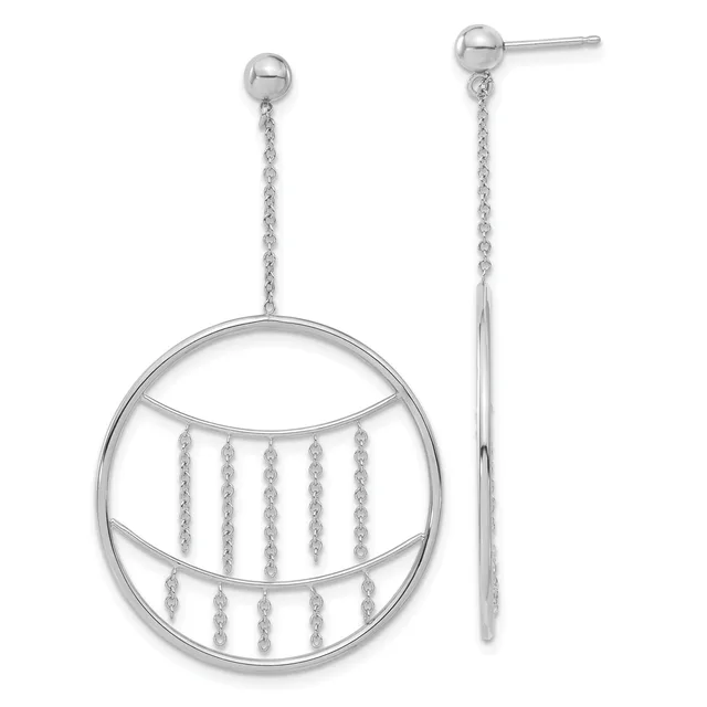 Pair of silver dangle earrings with ball studs connected by delicate chains to circular pendants decorated with horizontal bars and hanging chain fringe.