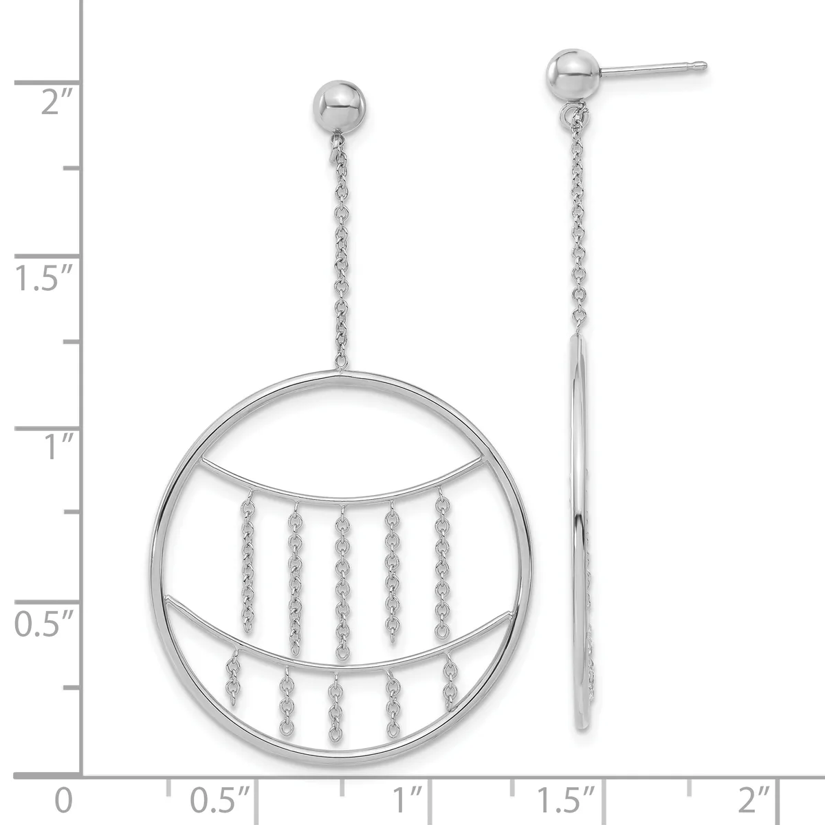 Silver dangle earrings featuring a circular pendant with chain fringe details, shown with a measurement scale indicating approximately two inches in length.