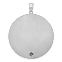 Large round silver pendant with brushed finish and small dark stone set at bottom, suspended from a silver bail.
