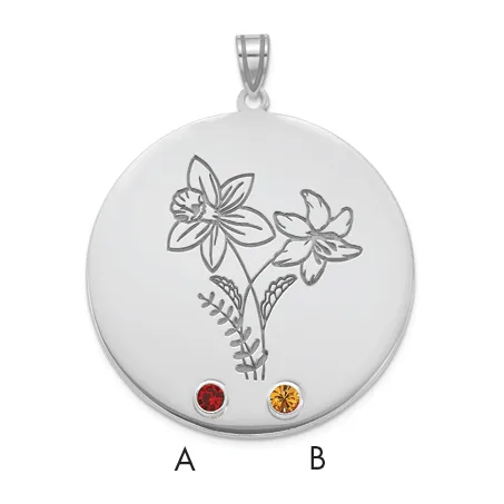 Silver circular pendant with engraved flowers and stems, featuring a red gemstone labeled A and an amber gemstone labeled B at the bottom.
