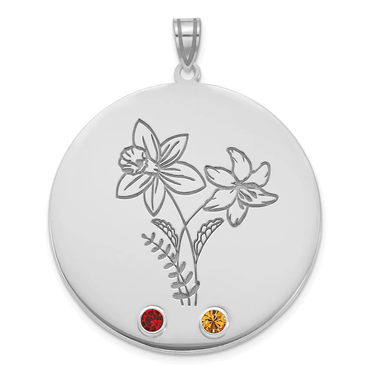 Silver circular pendant featuring an engraved floral design with two flowers and leaves, decorated with a red gemstone and a yellow gemstone at the bottom.