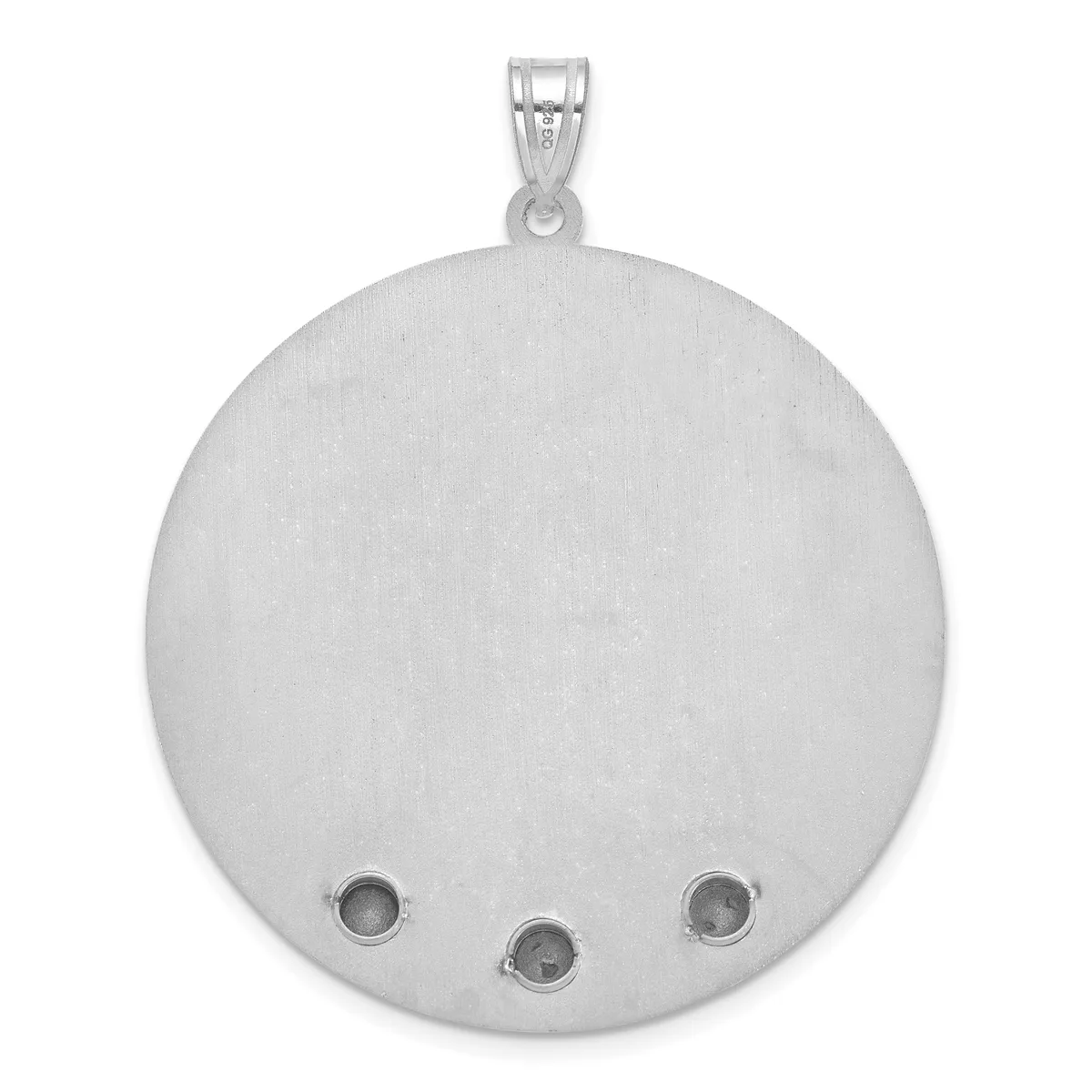 A large round silver pendant with a brushed finish and three small circular stone settings along the bottom, suspended from a silver bail.