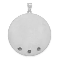 A large round silver pendant with a brushed finish and three small circular stone settings along the bottom, suspended from a silver bail.