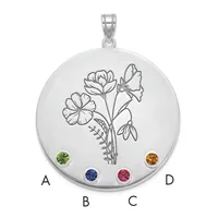 Round silver pendant with engraved flower design and four colored gemstones positioned at cardinal points, shown with small hallmark and bail loop.