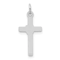 A silver cross pendant with a polished finish and a small stamped hallmark on the lower arm, suspended from a silver bail loop.