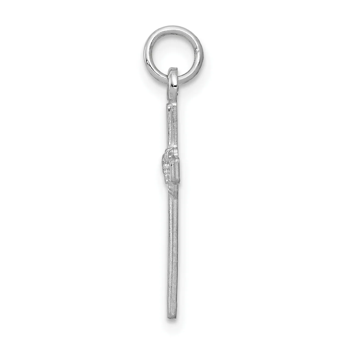 Silver-toned metal keychain pendant with a round ring at the top and an elongated tapered shaft below, featuring a small stamped hallmark near the middle section.
