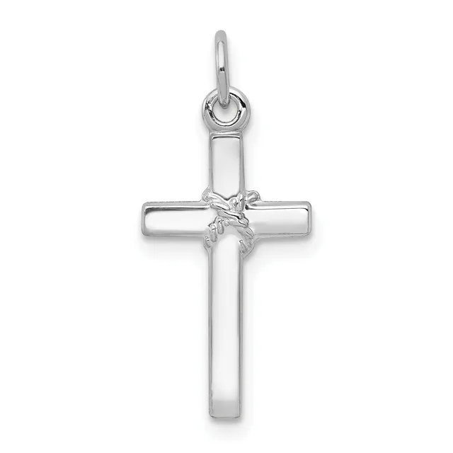Sterling silver cross pendant with a hollow rectangular design and a small twisted rope detail at the center intersection, suspended from a bail loop.