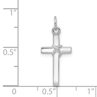 A silver cross pendant with a wrapped ribbon detail at the center, shown against a measurement scale indicating approximately 0.75 inches wide by 1.5 inches tall.
