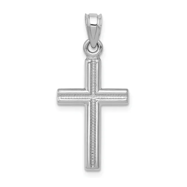 Silver cross pendant with textured vertical bar and smooth horizontal bar, suspended from a bail loop at the top.
