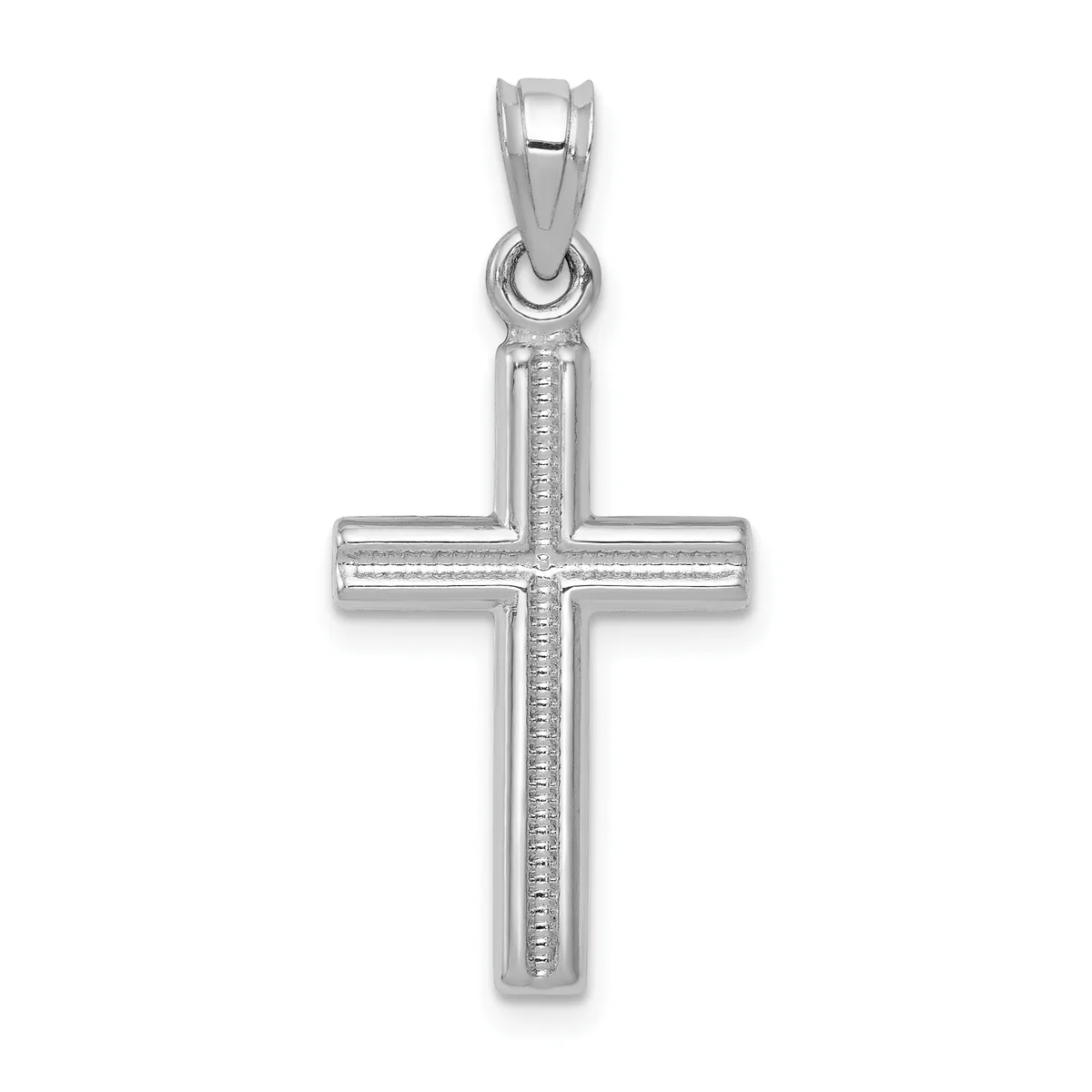 Silver cross pendant with textured vertical bar and smooth horizontal bar, suspended from a bail loop at the top.