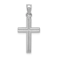 Silver cross pendant with textured vertical bar and smooth horizontal bar, suspended from a bail loop at the top.
