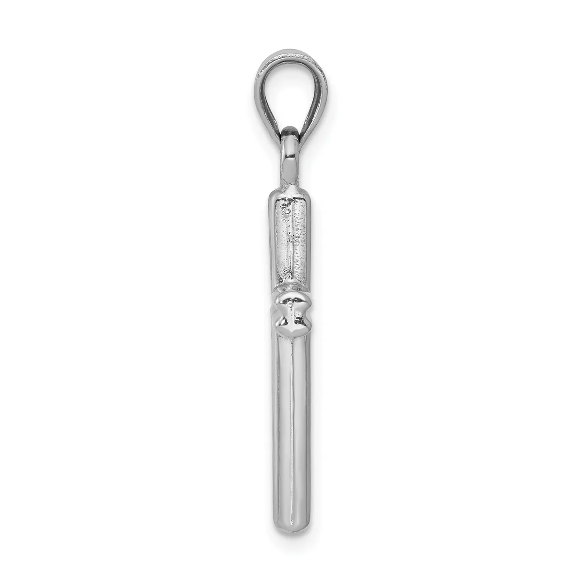 A silver-toned metal pendant with a looped bail at the top and a cylindrical body with decorative banding in the middle, shown against a white background.