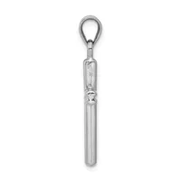 A silver-toned metal pendant with a looped bail at the top and a cylindrical body with decorative banding in the middle, shown against a white background.