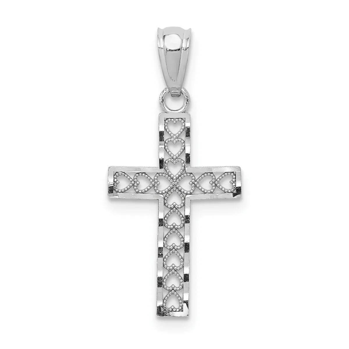 Silver cross pendant with decorative heart and loop pattern throughout, accented with small black stones, suspended from a bail loop.