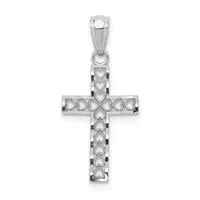 Silver cross pendant with decorative heart and loop pattern throughout, accented with small black stones, suspended from a bail loop.