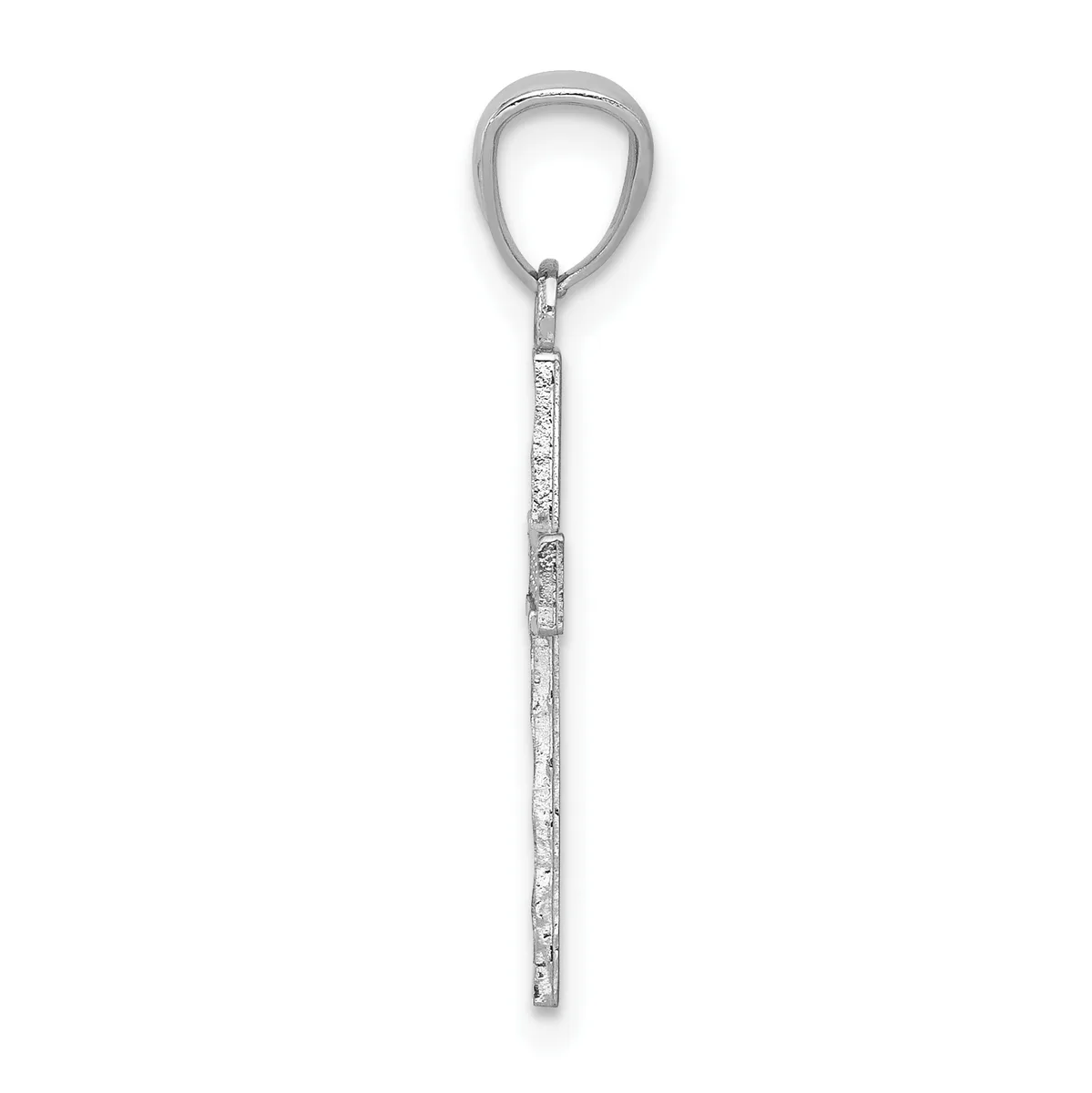 A silver pendant with a teardrop-shaped loop at the top connected to a long rectangular stem decorated with small diamond or crystal accents, shown against a white background.