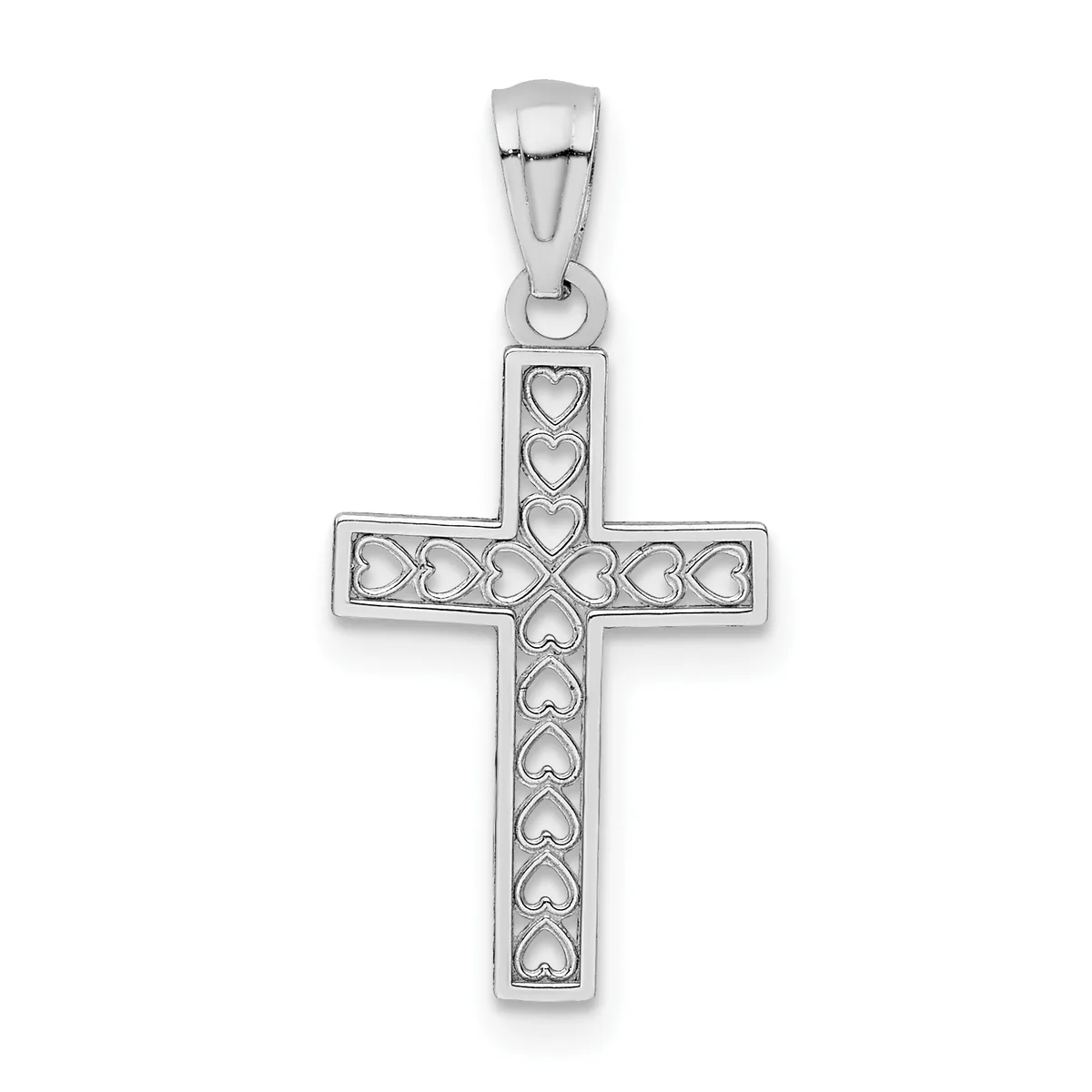 Silver cross pendant with heart motifs throughout, suspended from a bail, shown against a white background.