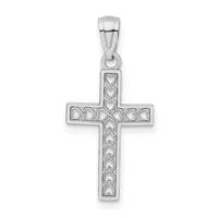Silver cross pendant with heart motifs throughout, suspended from a bail, shown against a white background.