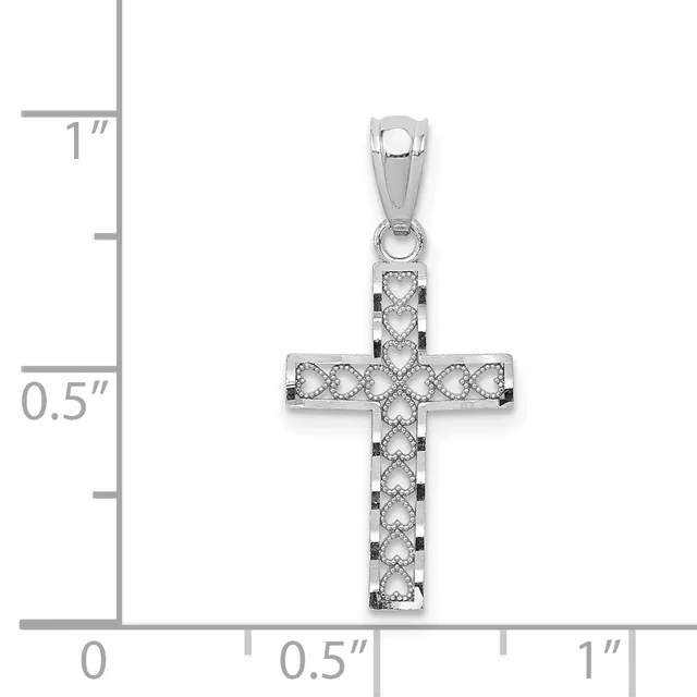 Silver cross pendant with textured surface and small round stones set throughout, displayed against a measurement scale showing approximately 0.75 inches wide by 1 inch tall.