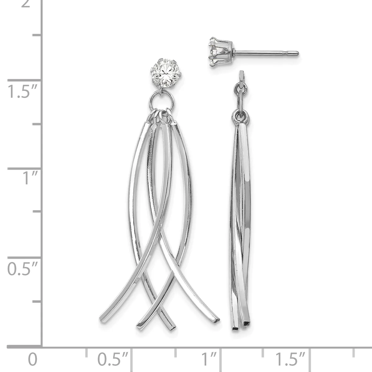 A pair of silver dangle earrings with cubic zirconia stud tops and elongated woven tassel pendants, shown against a measurement scale.