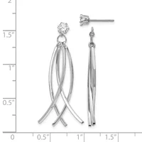 A pair of silver dangle earrings with cubic zirconia stud tops and elongated woven tassel pendants, shown against a measurement scale.