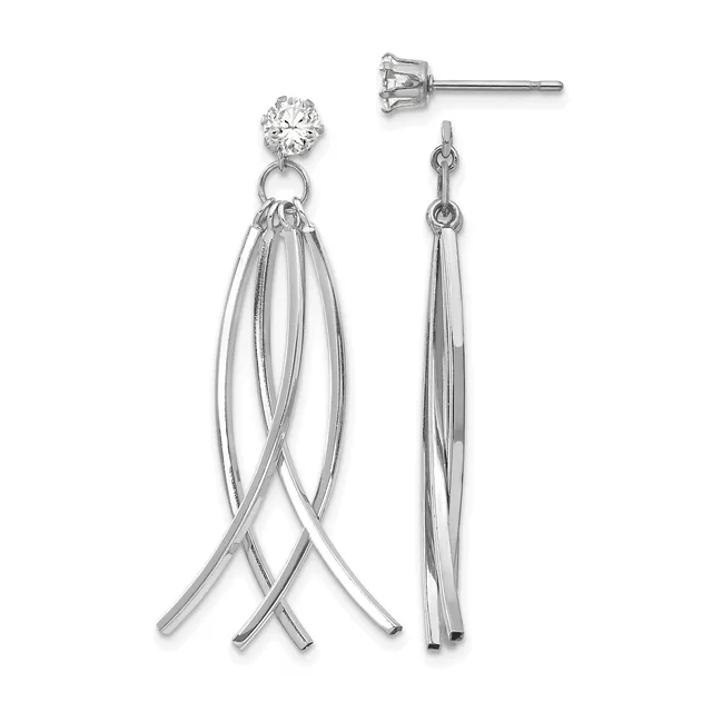 A pair of silver dangle earrings with round cubic zirconia studs at the top and intertwined tapered wire strands hanging below, shown from front and side views.