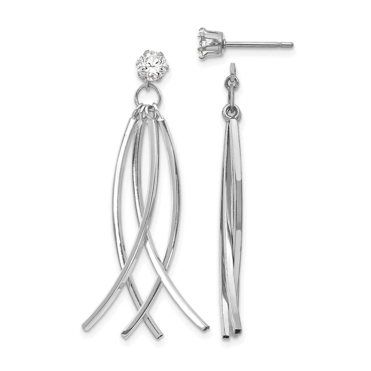 A pair of silver dangle earrings with round cubic zirconia studs at the top and intertwined tapered wire strands hanging below, shown from front and side views.