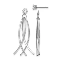 A pair of silver dangle earrings with round cubic zirconia studs at the top and intertwined tapered wire strands hanging below, shown from front and side views.