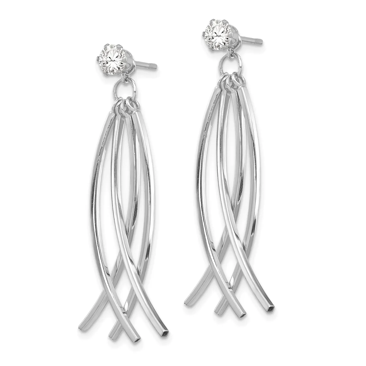 Pair of silver-toned drop earrings with round cubic zirconia studs at the top and elongated woven cylindrical pendants below.