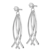 Pair of silver-toned drop earrings with round cubic zirconia studs at the top and elongated woven cylindrical pendants below.