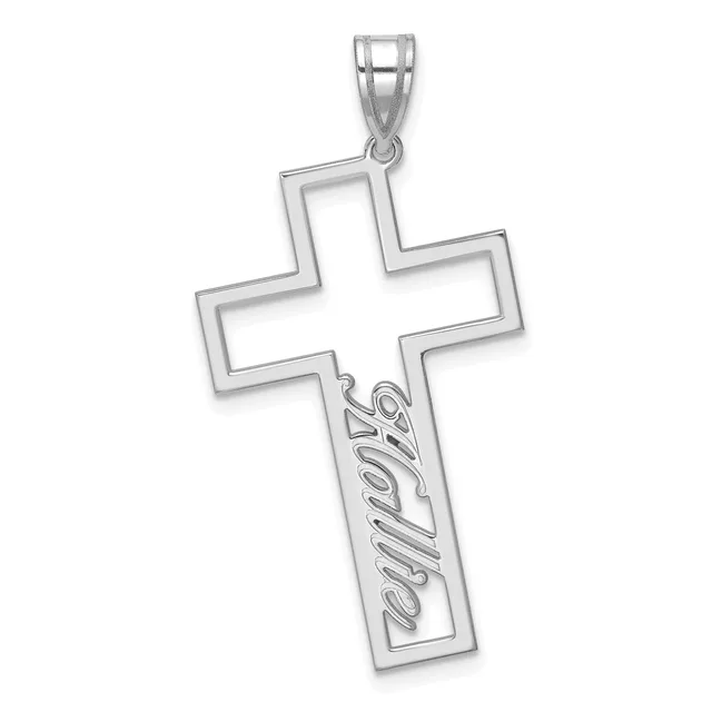Sterling silver cross pendant with open geometric design and the word "faith" engraved on the lower vertical section, shown against a white background.