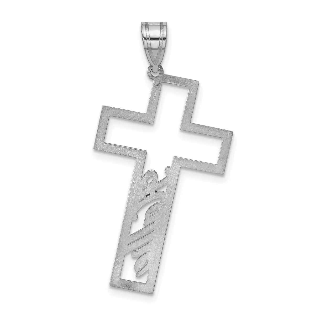 Silver cross pendant with a stepped geometric design at the top and decorative script engraving on the lower vertical arm, shown hanging from a bail.