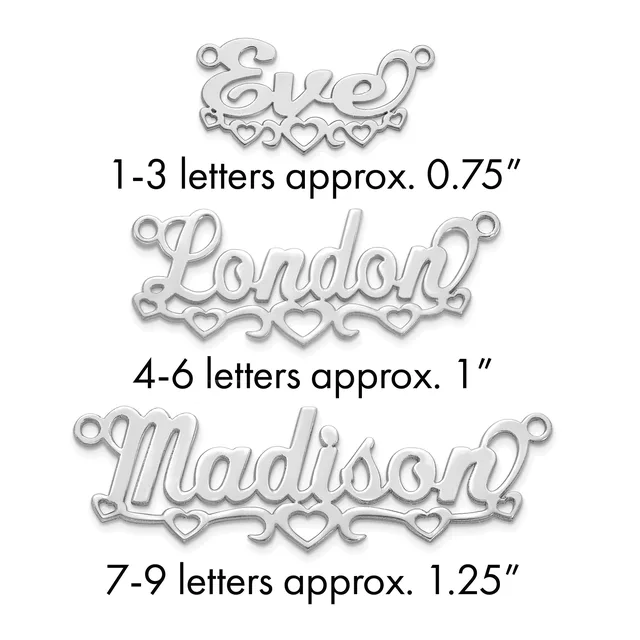 Three silver-toned metal name charms with decorative heart cutouts and hanging loops, labeled by letter count and approximate size.