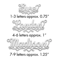 Three silver-toned metal name charms with decorative heart cutouts and hanging loops, labeled by letter count and approximate size.