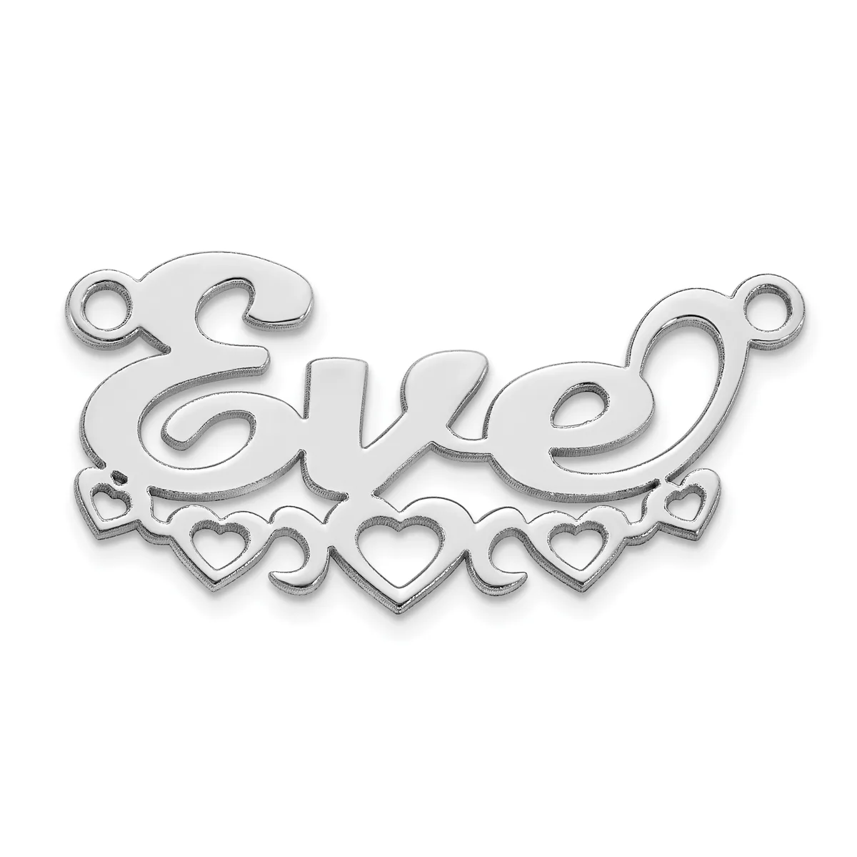 Silver charm pendant with the word "Love" in script lettering, decorated with small heart cutouts and scrollwork along the bottom, featuring two small attachment loops at the top corners.