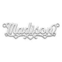 A silver-toned metal nameplate pendant with the name "Madigan" in script lettering, decorated with small heart shapes along the bottom and loops at each end for attachment.