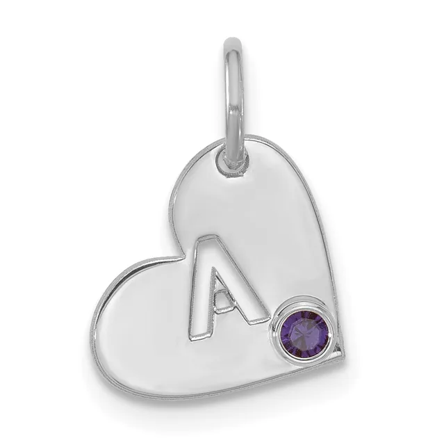 Silver heart-shaped pendant with the letter A cutout and a round purple gemstone set on the lower right, suspended from a silver bail.